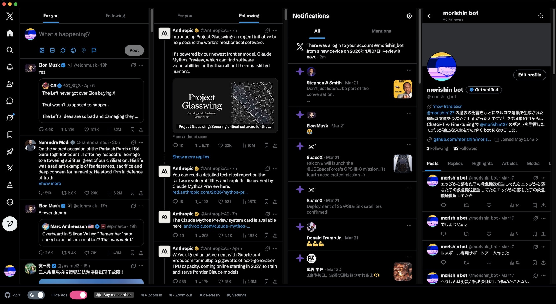 XDeck running on macOS with multiple 𝕏 columns side by side